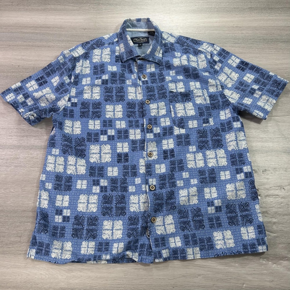 Nat Nast Shirt Mens Medium Blue White Silk Cotton Short Sleeve Button Up Casual